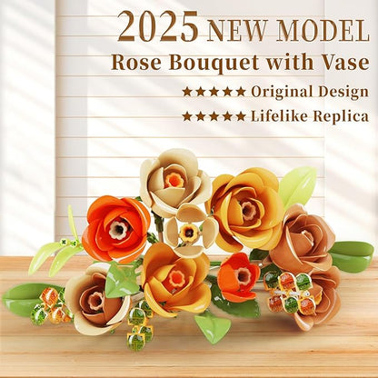 Flowers Set with Vase for Adults Compatible with Lego Flowers Icon Roses Bouquet Botanical Collection Kits Artificial Flower Set Valentines Day Gifts for Her Him Kids 14+ Home Office Decorations