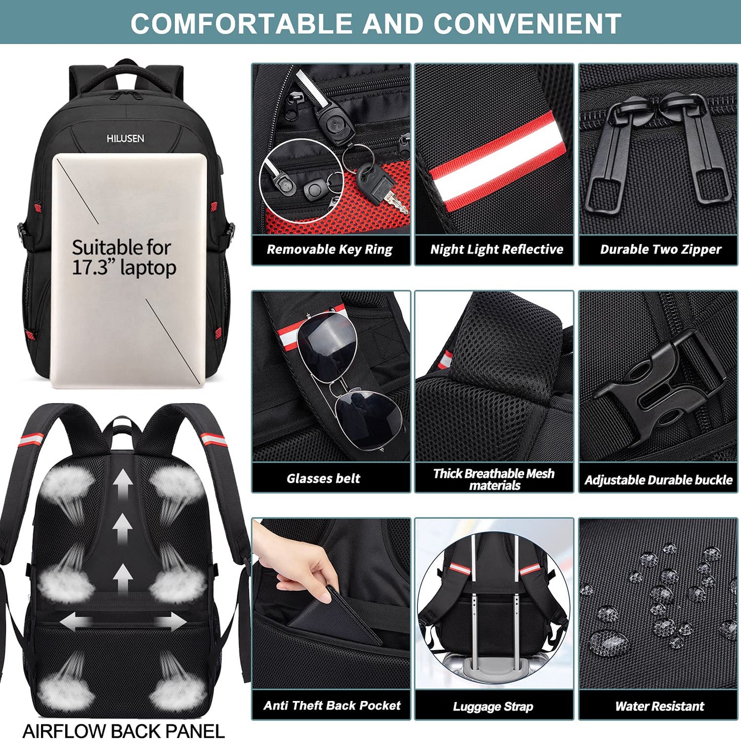 HILUSEN Extra Large Backpack for Men 50L, Insulated Cooler Lunch Box Backpack, Water Resistant 17inch Travel Laptop Work Bookbag with USB Charging Port,Black