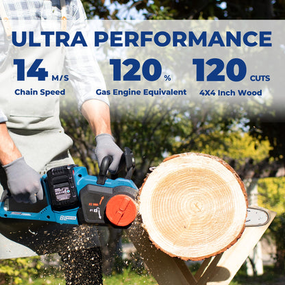 Dong Cheng Brushless Cordless Chainsaw, 40V 16 Inch, Gas-Power Performance, Tool-Free Chain Tension, Instant Brake, with 2x4.0Ah Batteries & Charger for Felling, Logging & Heavy-Duty Wood Cutting