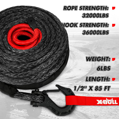 X-BULL Synthetic Winch Rope - Cable Kit -1/2" X 85ft 32000LBS Winch Line with Protective Sleeve Forged Winch Hook Safety Pull Strap go for 4WD Off Road Vehicle Truck SUV ATV UTV- Black