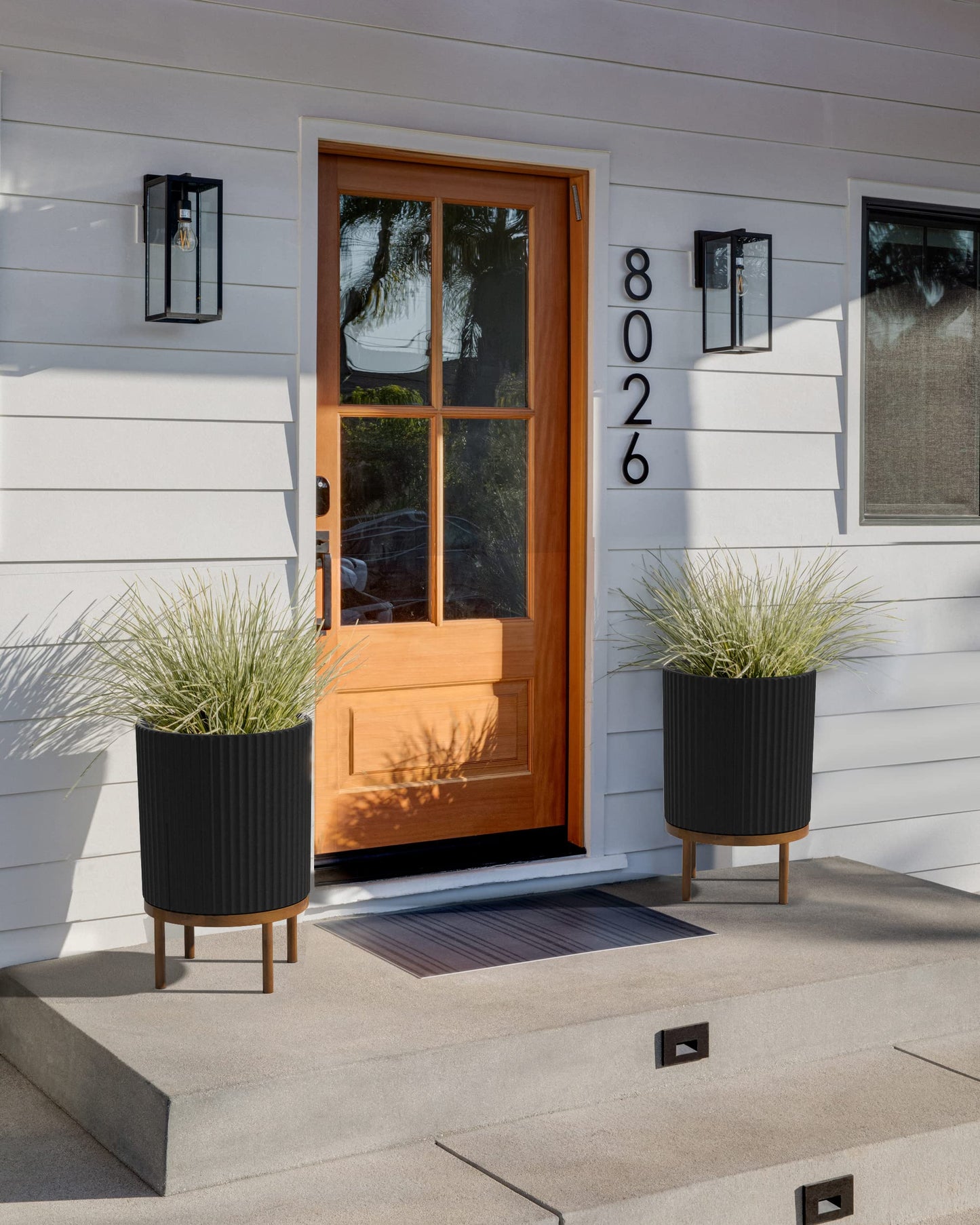 Veradek Demi Series Round Planter w/ Stand for Porch/Patio | Durable Plastic-Concrete & Wooden Stand | Modern Décor for Tall Plants, Flowers