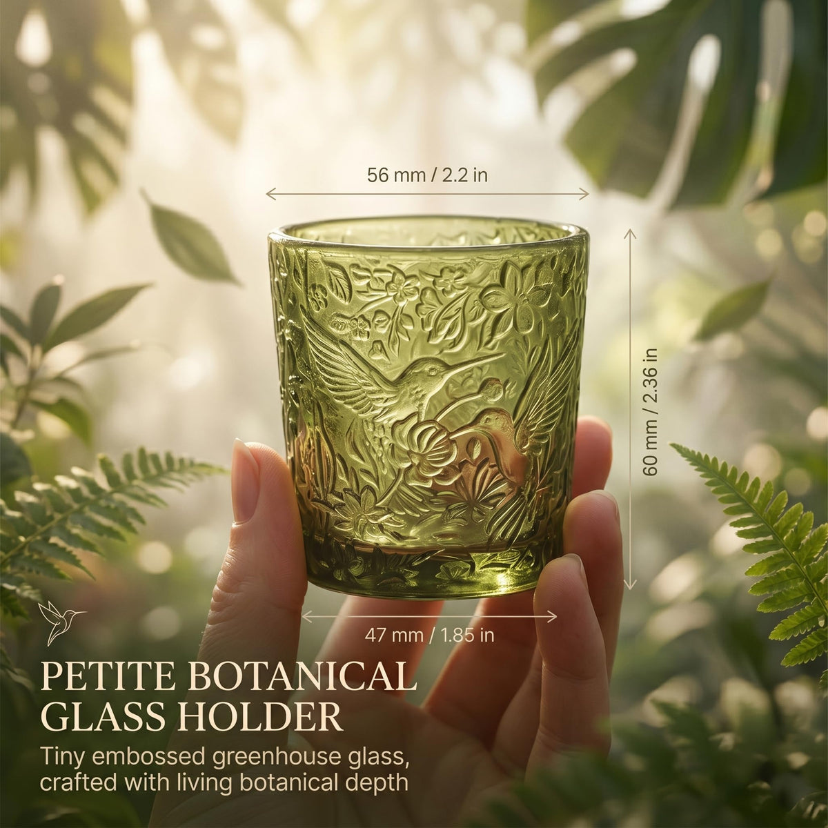 6 Pack Hummingbird Embossed Glass Candle Holders Votive Tealight Holders with Patent Design, Decorative Cups for Wedding Centerpieces, Parties, and Home Decor (Moss Green)
