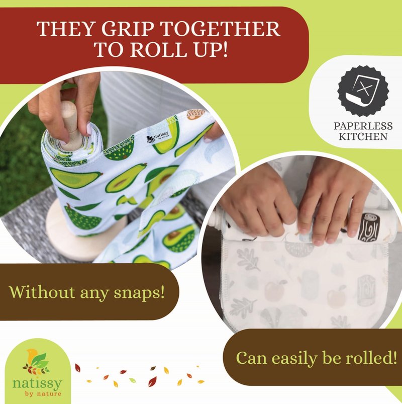 Natissy 10-Pack Organic Cotton Reusable Paper Towels, Washable Roll, Washable Cloth Paper Towels, Fabric Paperless Towels for Kitchen, Reusable Paper Towel Replacement Cloth Alternative