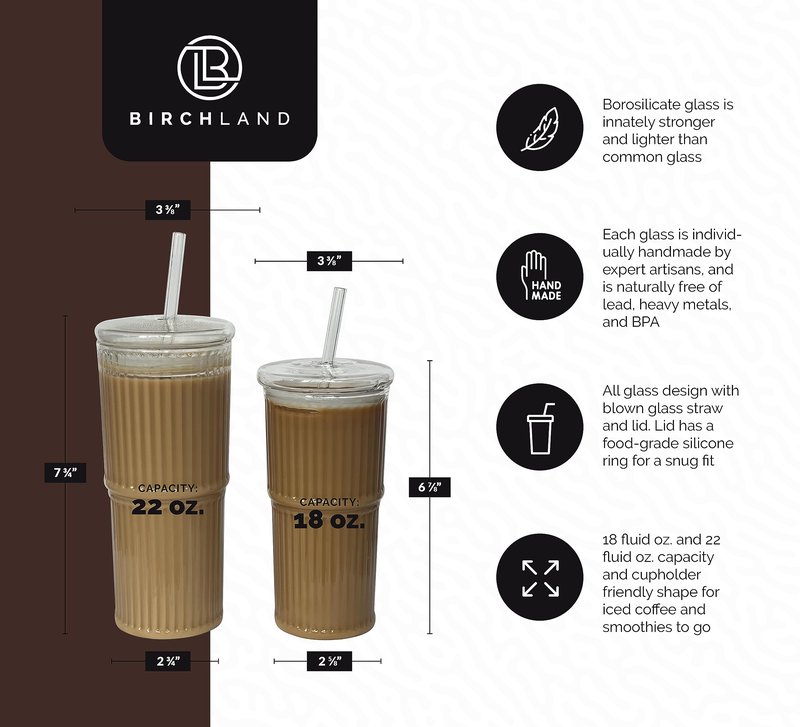 Birchland All Glass Iced Coffee Cup with Lid and Straw, Ribbed Glass Tumbler Set of 2 (22 oz ribbed)