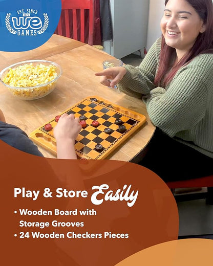 WE Games Solid Wood Checkers Board Game – 14.5-Inch Vintage Checkers Set with Inset Grooves &amp 24 Red &amp Black Board Game Pieces – Fun Family Table Game