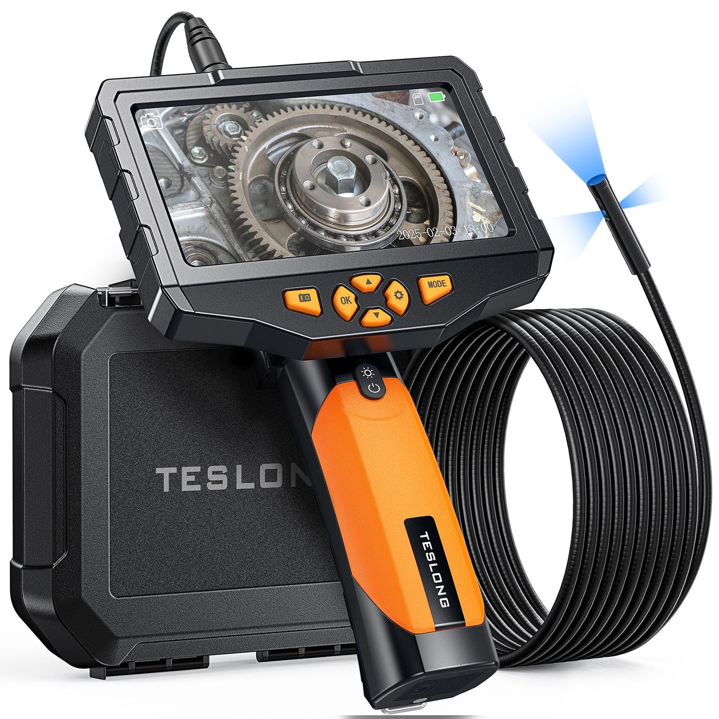 Triple Lens Borescope Inspection Camera, Teslong Professional Endoscope with Light, Digital Video Scope Camera, 5" IPS Screen, Waterproof Flexible Cable for Automotive/Home/Wall/Pipe/Car (16.5FT)
