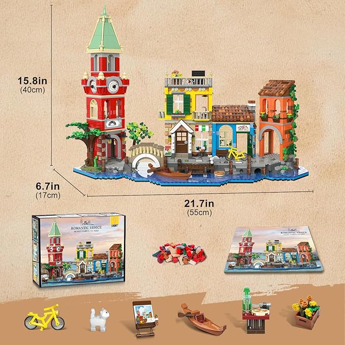 Venice Main Street Building Set for Adults 2155 PCS City House Building Block Kit with Light Flower Shop Pizzeria Christmas Home Decor Architecture Model Gift for Women Men Teen Girl 10+