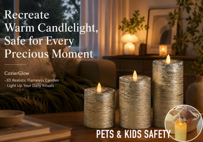 CozierGlow Shiny Metallic Silver Flameless Pillar Candles, Patented 3D Realistic Moving Flickering Flame with Remote Timer, Battery Operated 400hrs for Wedding, Holiday, Party, Decor, Gift(Set of 3)