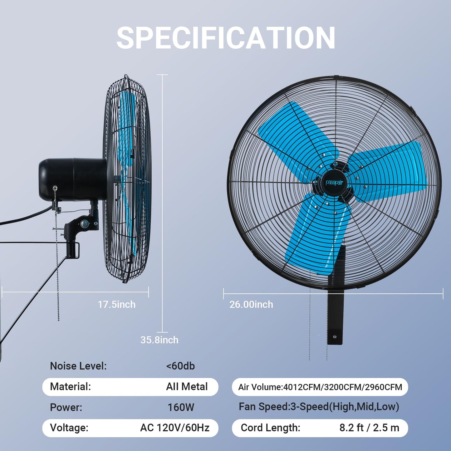 20 Inch Wall Mount Fan Oscillating High-Velocity Fans 5500 CFM, 3 Speed Industrial Wall Fan with 90°Horizontal 30°Tilt Oscillation for Warehouses, Workshops, Factories, Commercial Indoor Greenhouses