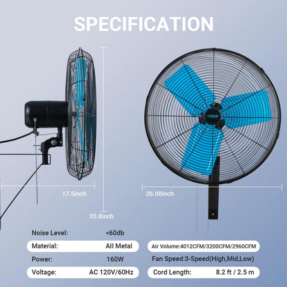 20 Inch Wall Mount Fan Oscillating High-Velocity Fans 5500 CFM, 3 Speed Industrial Wall Fan with 90°Horizontal 30°Tilt Oscillation for Warehouses, Workshops, Factories, Commercial Indoor Greenhouses