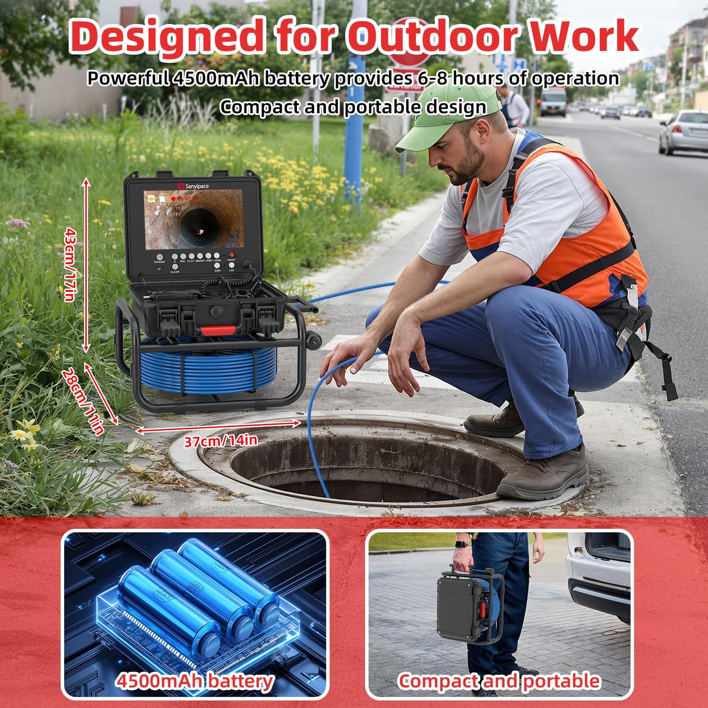 Sanyipace Sewer Camera Self-Leveling 165FT/50M, 512Hz Sonde, Distance Counter, 5-Level Adjustable Brightness, 4500mAh Battery, IP68 Waterproof Pipe Camera for Drain Snake, Plumbing, Duct, Plumber