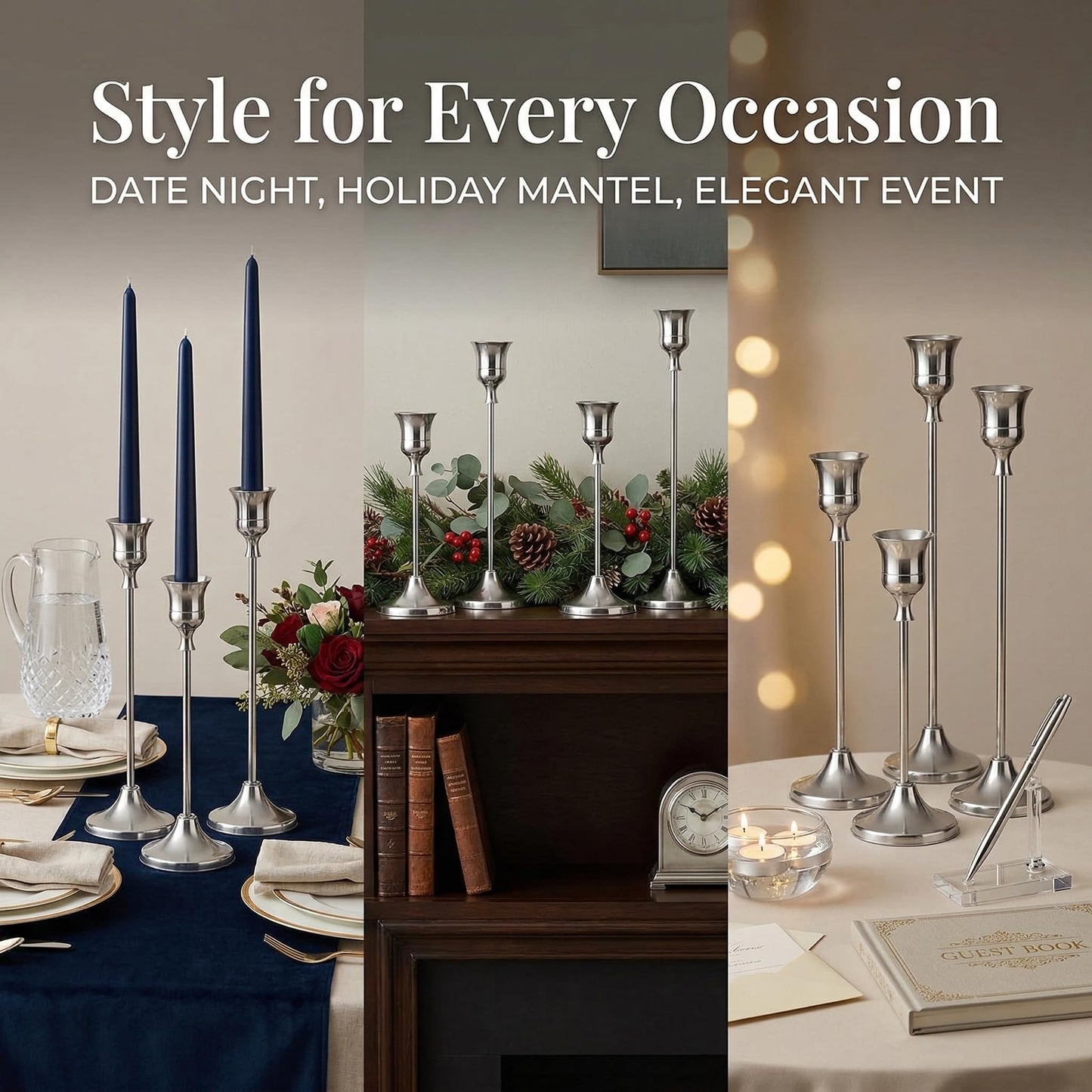 Oakernel Silver Taper Candle Holders 4 Sets(12 Pcs) - Tall Metal Candlestick Holders for Table Centerpiece, Formal Dinner, Wedding, Fireplace Mantel Decor, Fits 3/4 Inch Thick Candles