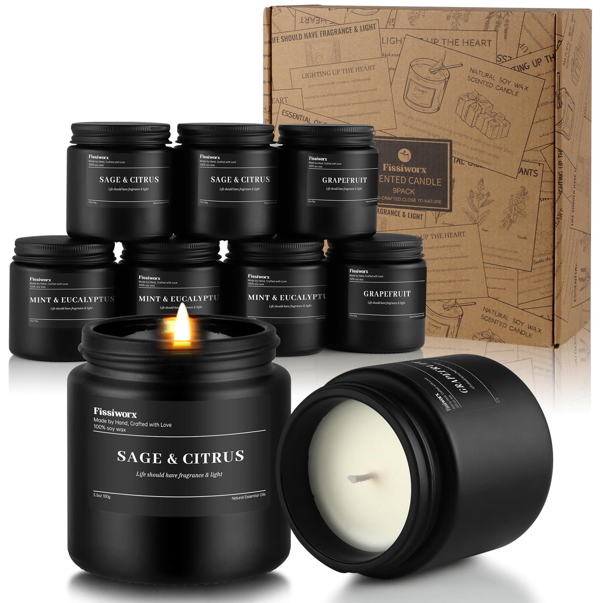 9 Pack Scented Candles Set Gifts for Men, Aromatherapy Candle Set with Scents (Mint & Eucalyptus/Sage & Citrus/Grapefruit) - Gift for Dad, Boyfriend, Birthday, Father’s Day, Anniversary