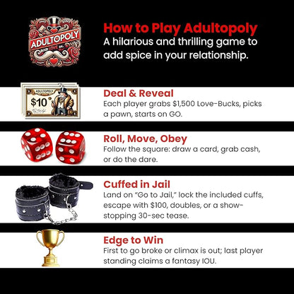 Adultopoly with Handcuffs – a Romantic Spin on The Classic Board-Game. Playful Date Night Games for Couples to Spark Romance Fun and Deeper Connection. The Ultimate Adultopoly Board Game