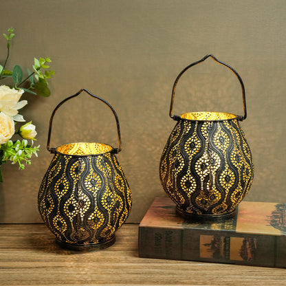 TRIROCKS Set of 2 Moroccan Decorative Lamps 8'' High Cordless Lamp Metal Table Lamps with Fairy Lights Bulb for Home Living Room Garden Yard Party Events Tabletop Indoor Outdoor(Black)
