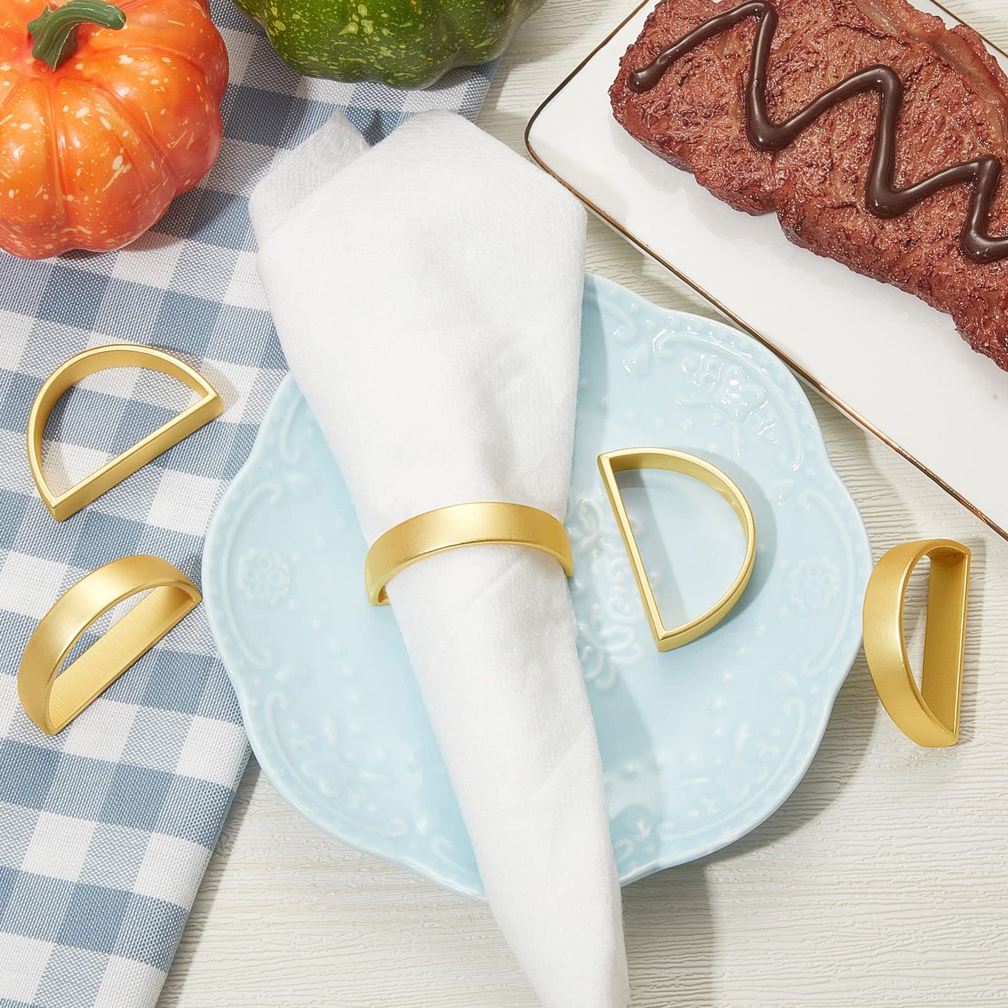 20 Pcs Stainless Steel Napkin Rings Metal Napkin Ring Holders Fall Thanksgiving Modern Serviette Buckles Metallic Adornment for Table Kitchen Dinner Party Wedding (Matte Gold Semicircle)