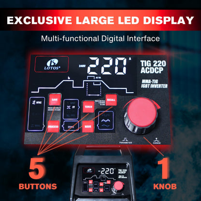 LOTOS TIG220ACDCP 220A AC/DC TIG Welder, Digital Display, 13-in-1, Pulse, Spot, Stick, HF Start, Dual Voltage 110/220V, 3 AC Waves, Aluminum Stainless Steel Welding