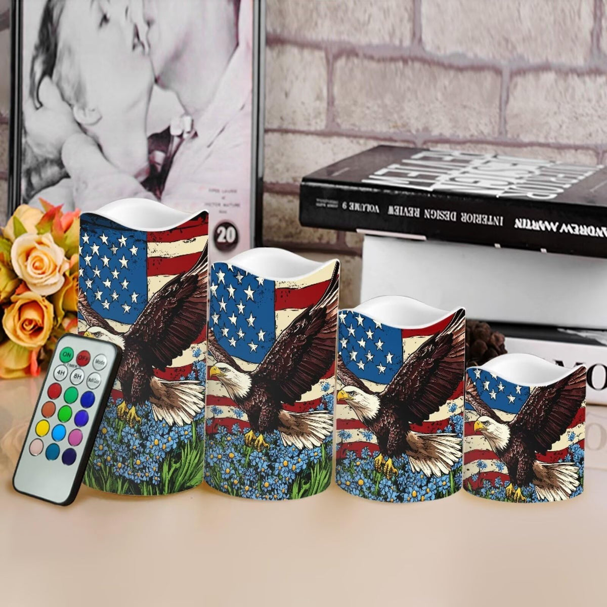Uorisanigo USA Eagle Flag Floral Plastic Flameless Candles with Remote Control and Timer LED Flickering Battery Electric Pillar Candles for Table Patriotic Decoration