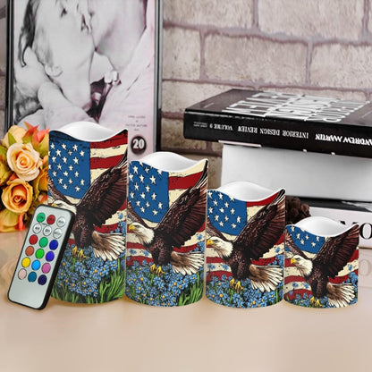 Uorisanigo USA Eagle Flag Floral Plastic Flameless Candles with Remote Control and Timer LED Flickering Battery Electric Pillar Candles for Table Patriotic Decoration