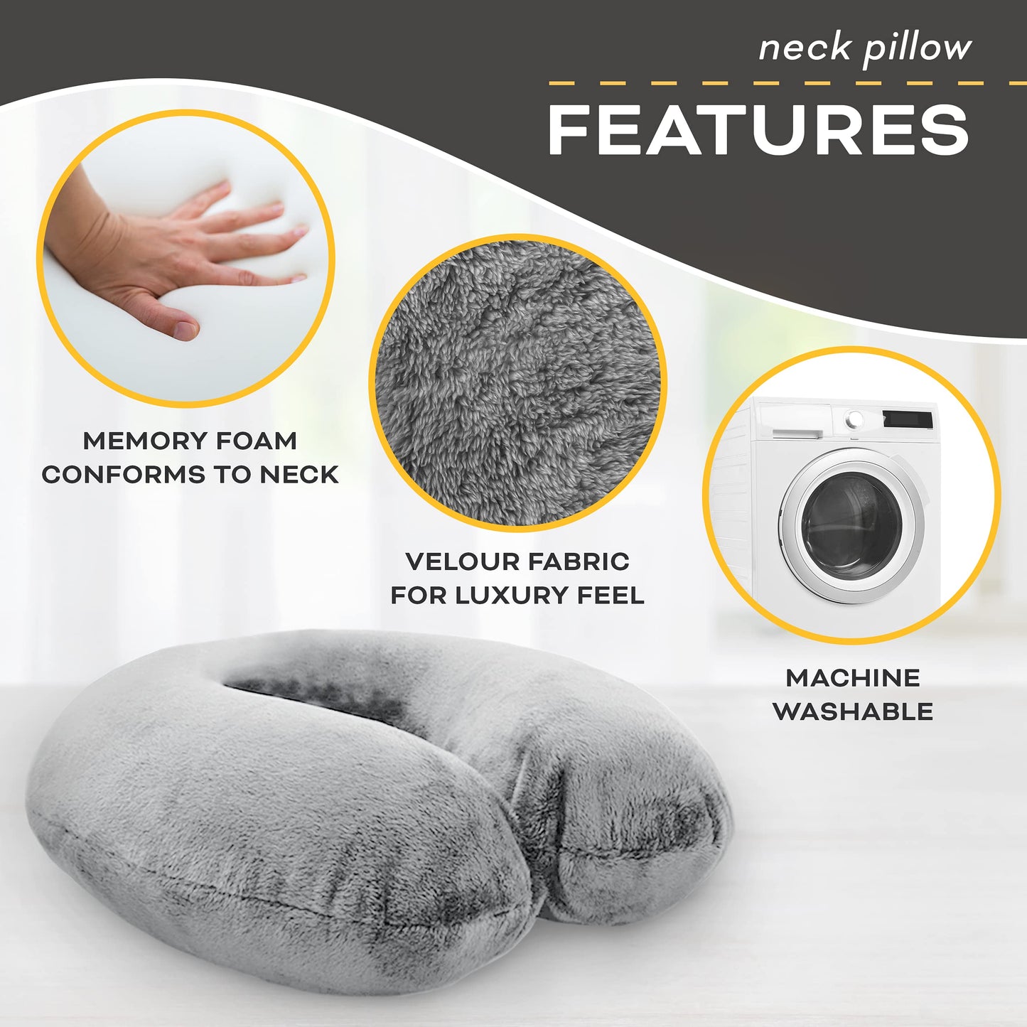 Crafty World Travel Neck Pillow Washable Cover Comfortable Memory Foam Airplane Travel Accessories Essentials Plane Neck Support Pillow for Neck Pain Relief and Sleeping Grey