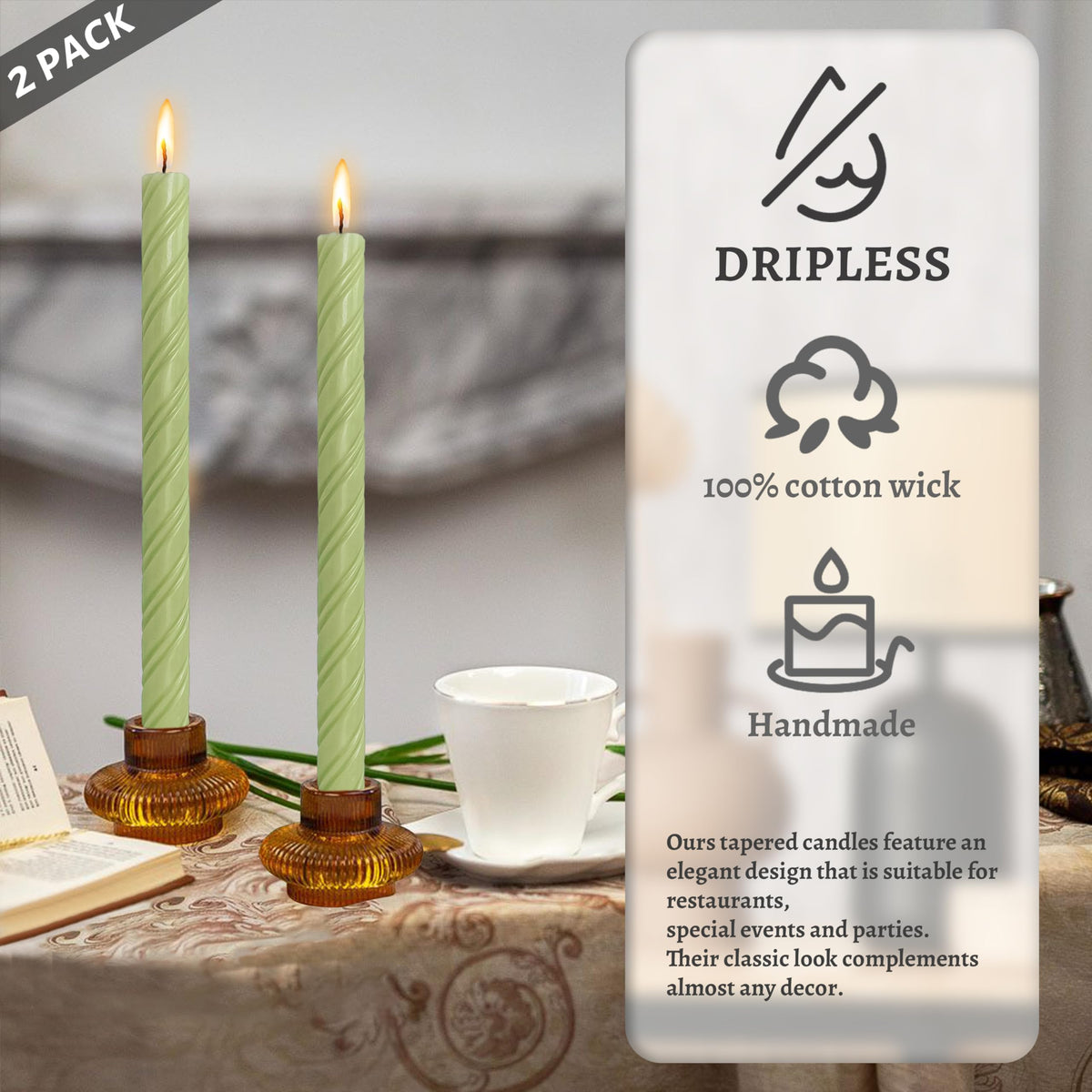 Dripless Taper Candles Unscented Grass Green Spiral Candles Smokeless Long Dinner Candles 10 Inch Long Lasting Burn Candlesticks for Home Decoration Christmas Gifts (2Pcs)