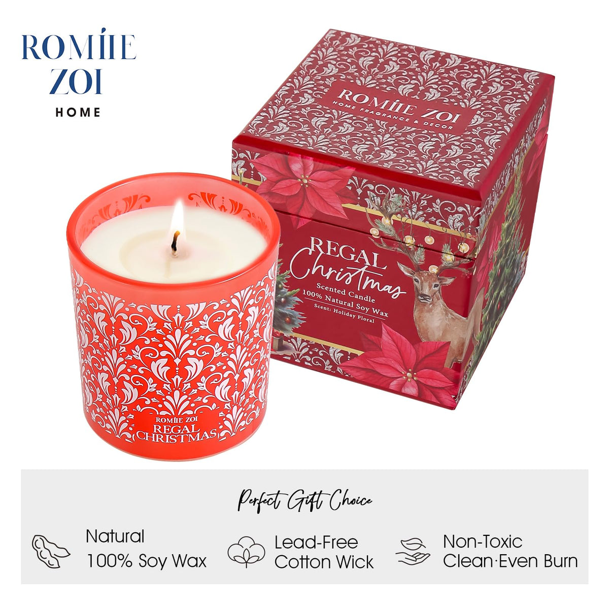 ROMIIE ZOI Christmas Scented Jar Candle - 6oz Soy Wax Candle - Infused with Floral Aroma - with Beautiful Keepsake Box Special for Holiday Gifts