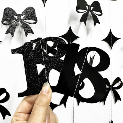Black 18th Bow Birthday Decorations Glitter Conquette Bow Garland Streamer Banner Backdrop for Girls Boys Happy 18th Birthday Time to Adult Cheers to 18 Years Old Anniversary Party Supplies