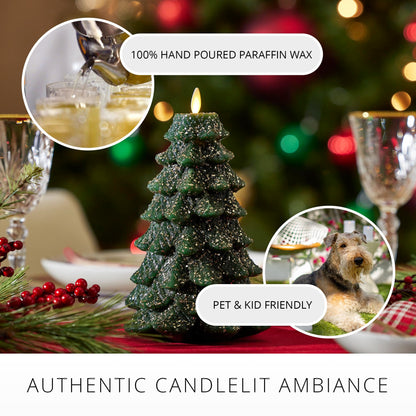 Luminara Christmas Tree Flameless LED Candle, Dark Green 5.35" x 8.5", Moving Flame Battery Operated Timer, Holiday Decor, Glitter Snow Finish Safe