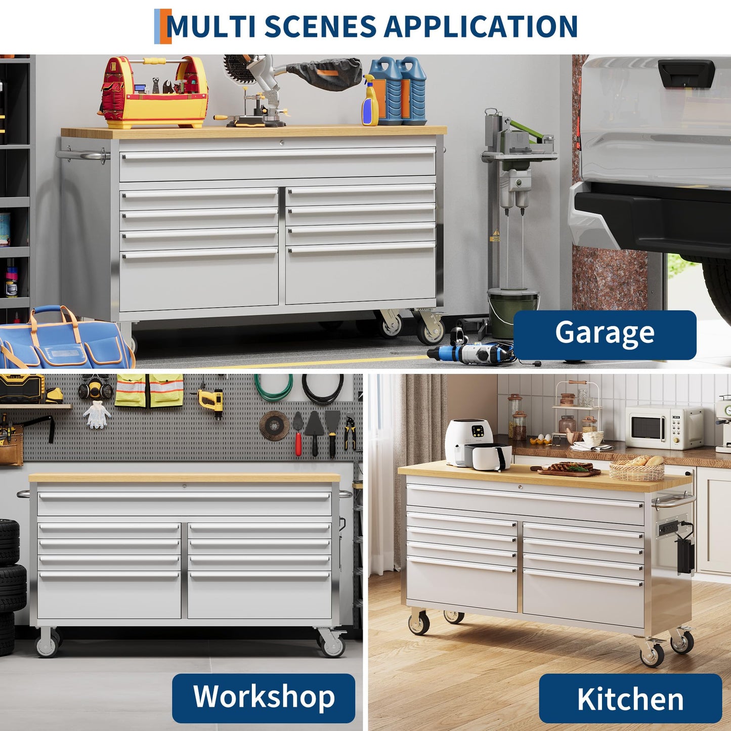 GAOMON 61 Inch Tool Chest, Tool Cabinet with 9 Drawers, Mobile Storage Cabinet with Locking System, Stainless Steel Material and Sturdy Structure, High Capacity for Home Workshop Kitchen and Garage.