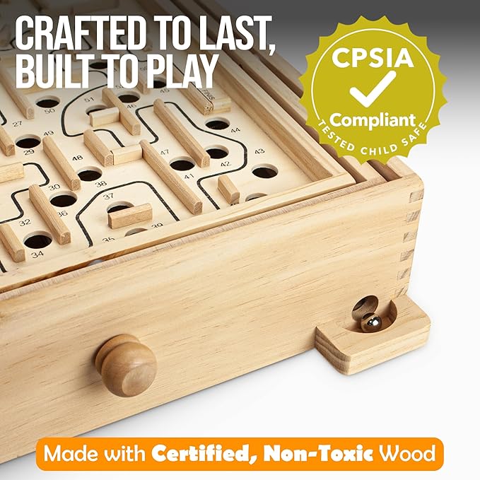 STERLING Wooden Labyrinth Marble Maze Game Large 12.75 x 11.5 Tilt Maze Game Board with 60 Waypoints and Marble Balls Included for Kids and Adults 6 Years and Up