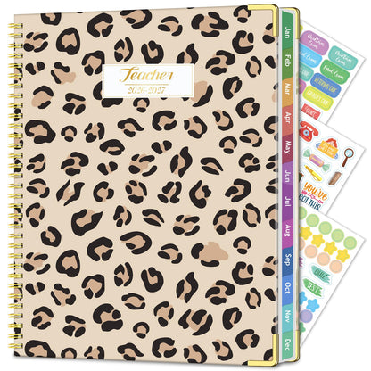 Teacher Planner 2026-2027, Jul 2026-Jun 2027 Academic Year, 8.5" x 11" Lesson Planner Book for Teacher Calendar, Spiral Bound Planners, Planning Stickers, Colorful Monthly Tabs, Leopard
