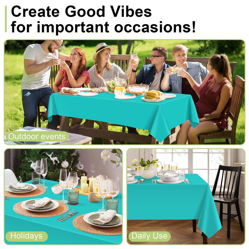 QIKSION Teal Plastic Table Cloth Disposable 6 Pack, 54 x 108 Inch Tablecloths for Easter Party, Summer, Turquoise Rectangle Table Cover