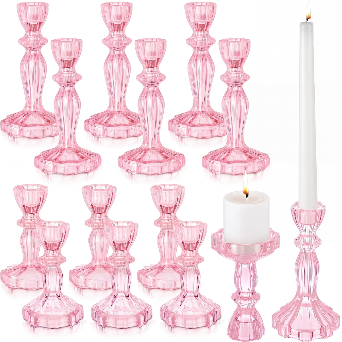 Ferrochef 12 Pack Glass Candlestick Holders Set 4.3/6.1'' Taper Stripe Candle Holder Bulk Floral Shape Crystal Decorative Candle Stand Centerpiece for Table Wedding Dining (Pink)