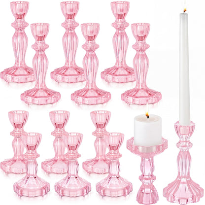 Ferrochef 12 Pack Glass Candlestick Holders Set 4.3/6.1'' Taper Stripe Candle Holder Bulk Floral Shape Crystal Decorative Candle Stand Centerpiece for Table Wedding Dining (Pink)