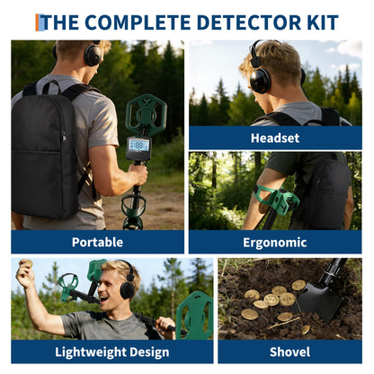 Professional Metal Detector for Adults with 5 Modes, IP68 Waterproof Search Coil, Larger Backlit LCD Display, High Accuracy Gold & Coin Detector for Beach Treasure Hunting, Beginner Friendly, Green