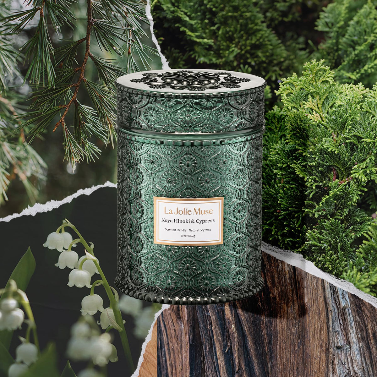 LA JOLIE MUSE Kōya Hinoki & Cypress Candle | Pine, Hinoki & Cedarwood | 19 oz Wooden Wick Soy Candle | 90-Hour Burn | Daily Relaxation & Cozy Ambiance