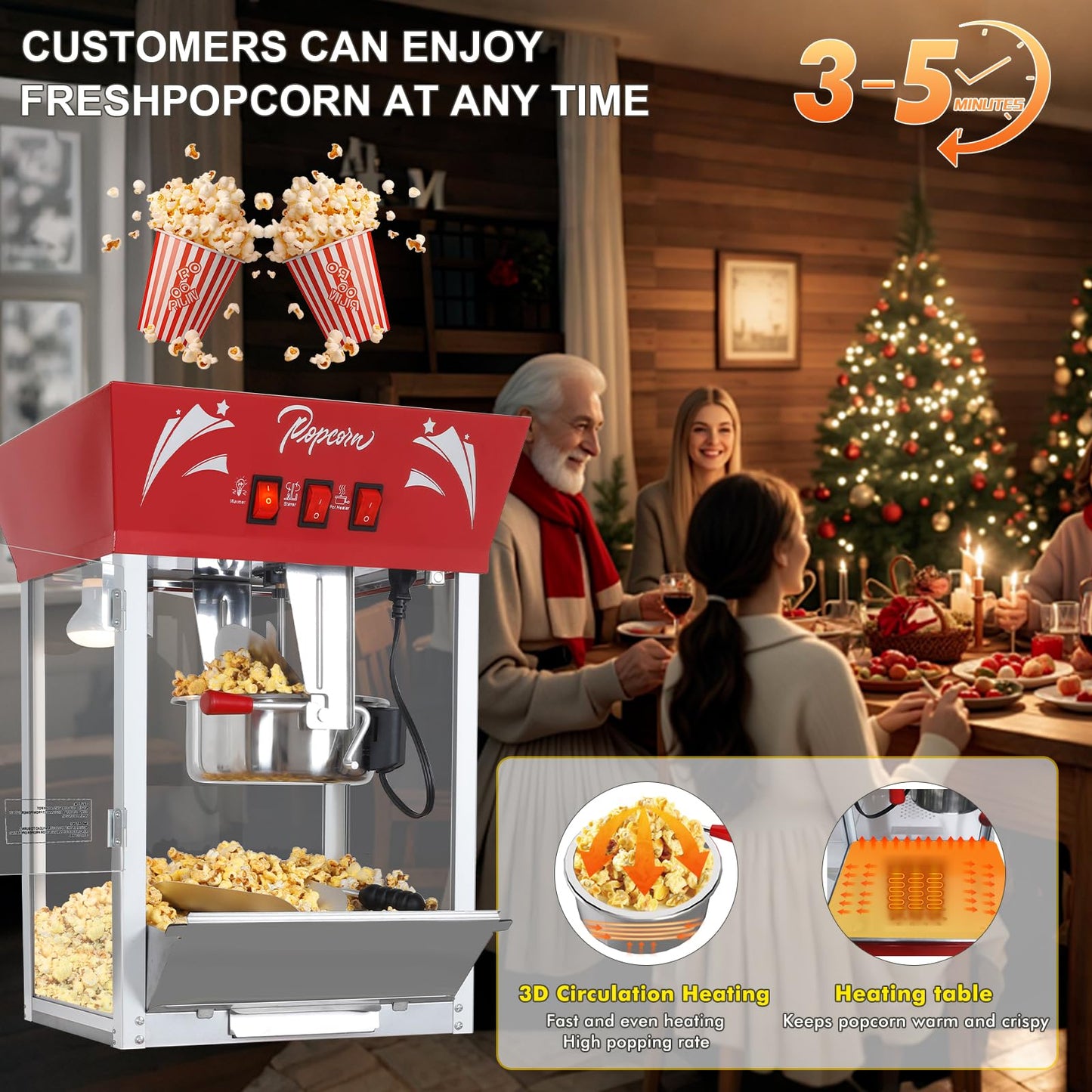 Popcorn Maker Machine,12 Ounce Kettle Stainless Steel Commercial Popcorn Machine with Tempered Glass,Warming Deck, 900W Countertop Popcorn Popper for Parties (Red, 12 Ounce)