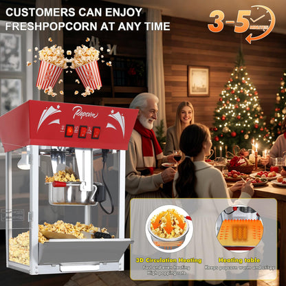 Popcorn Maker Machine,12 Ounce Kettle Stainless Steel Commercial Popcorn Machine with Tempered Glass,Warming Deck, 900W Countertop Popcorn Popper for Parties (Red, 12 Ounce)