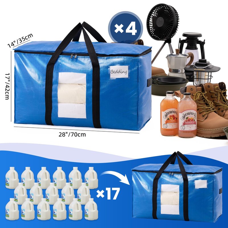 TAILI Extra Large Moving Bags, 4 Pack Blue Heavy Duty Totes For Storage with Visible Window, Wrap Around Handles, Storage Bags for Space Saving, Alternative to Moving Boxes