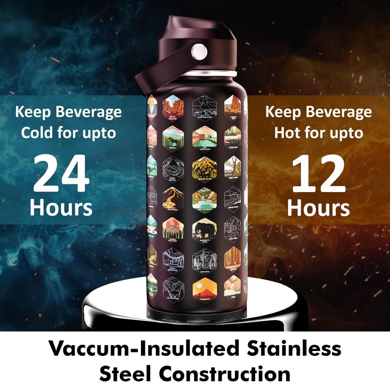 National Parks Water Bottle With 63 Stickers & Straw Cleaner Brush | 32 Oz Insulated Stainless Steel, BPA-Free, And Leak-proof Bottle For Hiking, Camping & Travel | Gift-ready Box (BLACK)