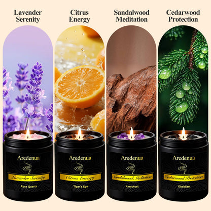 Aredenua Scented Candles Set, 4 Pack Crystal Healing Candles with Rose Quartz Amethyst Tiger Eye Obsidian, 7oz Natural Soy Wax Candles, Lavender Citrus Sandalwood Cedar, Meditation Gifts for Women Men