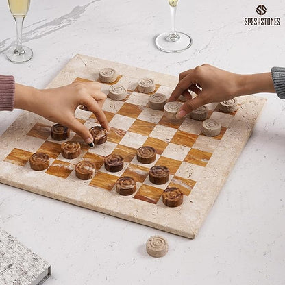 Marble Checkers Set 15 Inch Handmade Travertine &amp Brown Checkers Board Game with Checker Pieces - Board Games for Adults Game Table Accessories Gifts &amp Home Décor