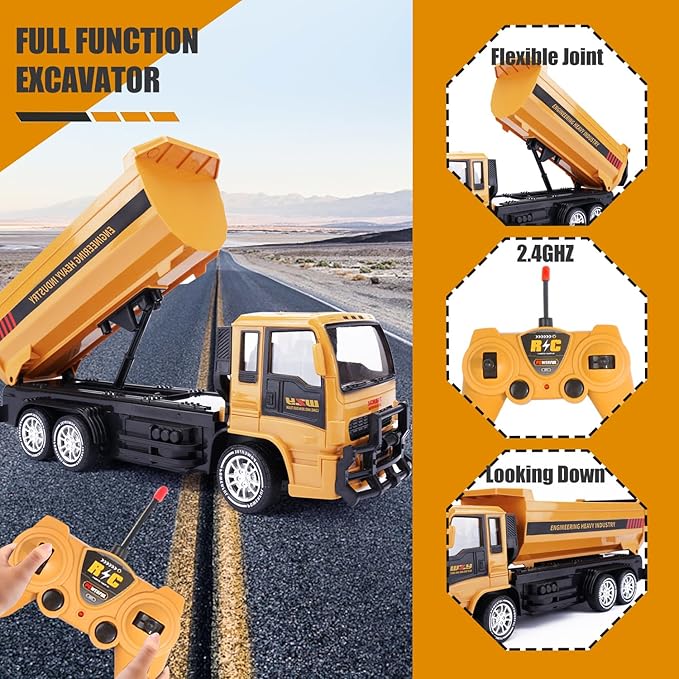 Remote Control Dump Truck for Kids 2.4GHz RC Construction Vehicle with LED Lights 45° Dumping Function 2 Rechargeable Batteries Toy Truck for Boys Girls 3 4 5 6 7 8 Years Old