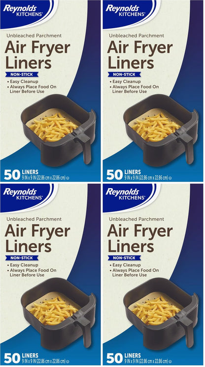 Reynolds Kitchens Air Fryer Liners Disposable, Unbleached Parchment Paper Sheets, 50 Count (Pack of 4)
