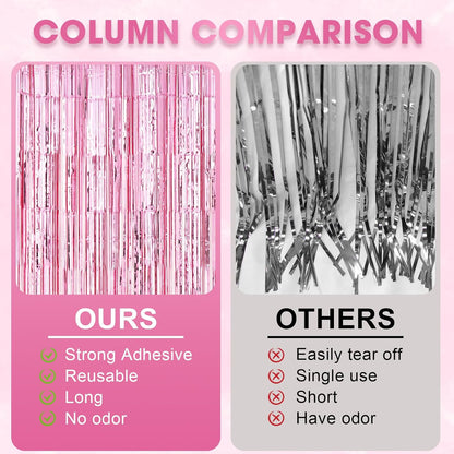 Voircoloria Light Pink Foil Fringe Backdrop Curtains - 3 Pack Tinsel Streamers for Parties & Events