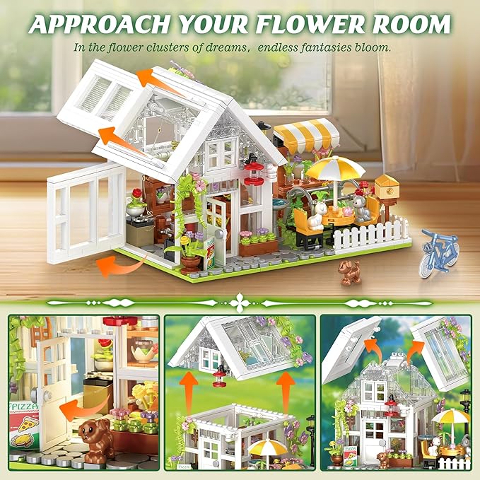 Flower House Building Block for Adults Garden Architecture Building Toy with LED Greenhouse Model Building Set Garden Glass House Building Kit Christmas &amp Ideal Gift for Kids 12+ (1188pcs)