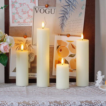 Vtobay Flickering Flameless Pillar Candles with Remote Control and Cycle Timer,Ivory Pack of 4 Battery Operated(Powered by 2AA) LED Real Wax Tall Fake 3D-Wick Electric Candles(D 2.2” x H 4”,6”,8”,10”)