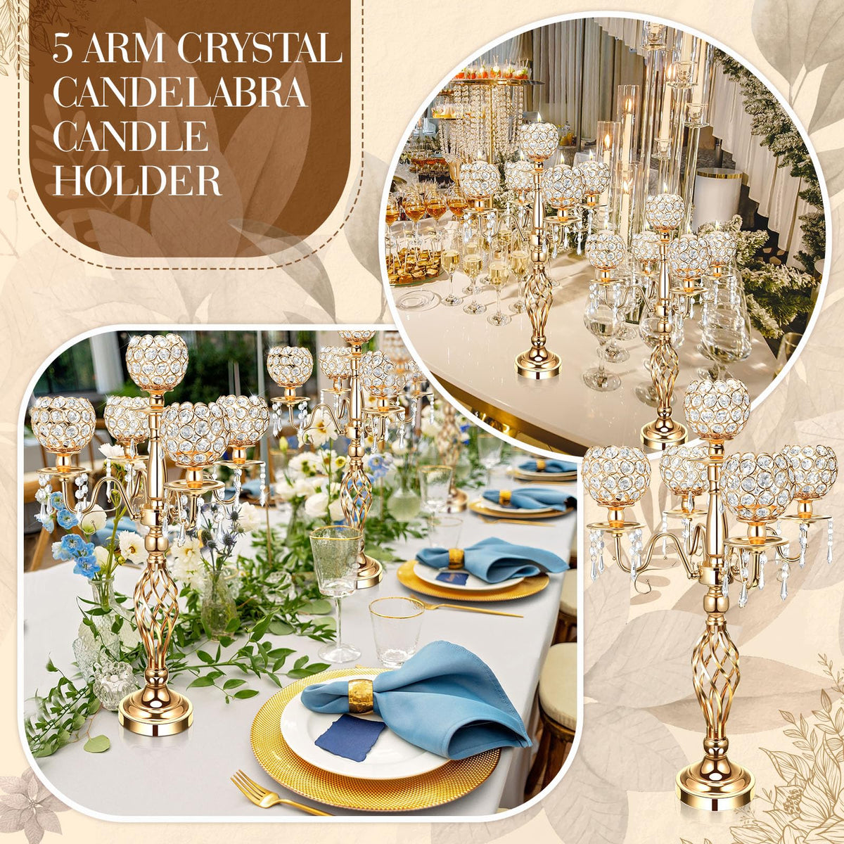 Nitial 4 Pcs 5 Arm Crystal Candelabra Centerpieces for Table 27 Inch Retro Victorian Crystal Candle Holders Bowl Table Centerpieces Decor for Wedding Banquet Valentine Dinner Party Event (Gold)