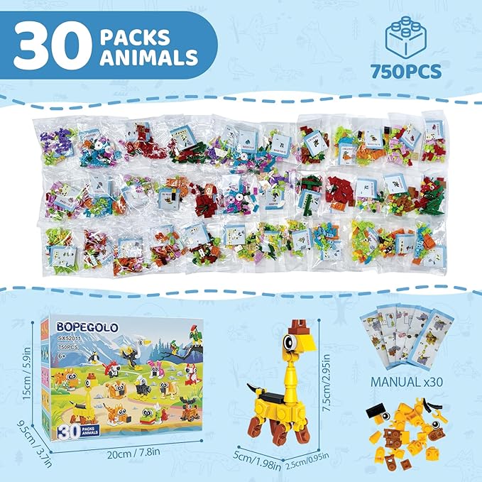 30 Pack Easter Party Favors Building Set for Kids 750 Pcs Mini Animal 3-in-1 Building Block Kit Sets Classroom Goodie Bags Stuffers for Kid Best Birthday Gifts for Boys Girls Ages 6+