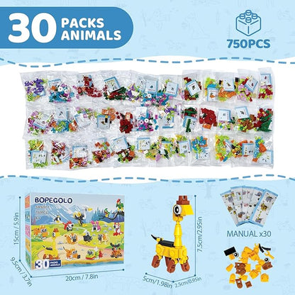 30 Pack Easter Party Favors Building Set for Kids 750 Pcs Mini Animal 3-in-1 Building Block Kit Sets Classroom Goodie Bags Stuffers for Kid Best Birthday Gifts for Boys Girls Ages 6+